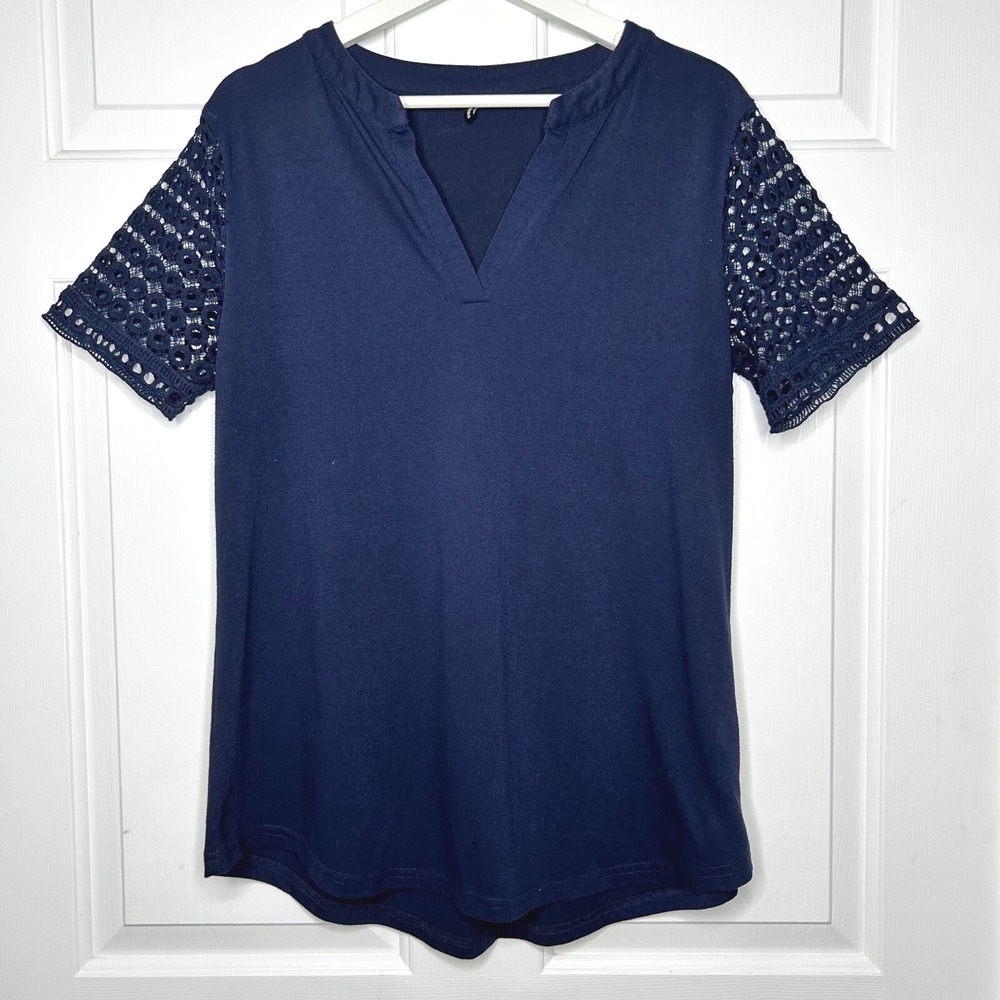 Zattcas‎ Navy Blue Crochet Sleeve Top V-Neck Casual Blouse Women's Size L